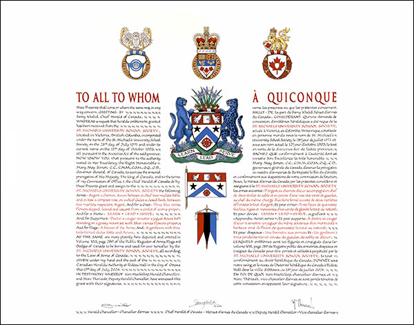 Lettres patentes concédant des emblèmes héraldiques à la St. Michaels University School Society