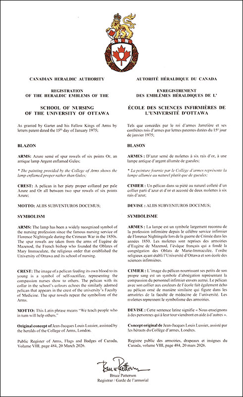 Lettres patentes enregistrant les emblèmes héraldiques de l'École des sciences infirmières de l’Université d’Ottawa