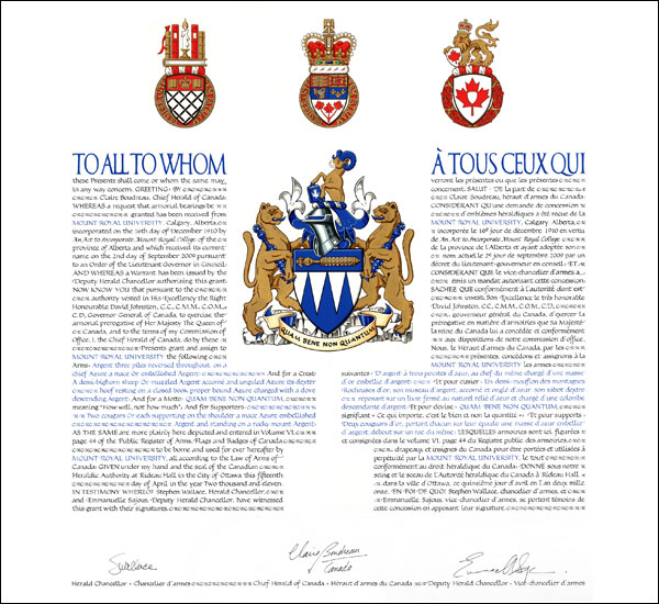 Lettres patentes concédant des emblèmes héraldiques à la Mount Royal University