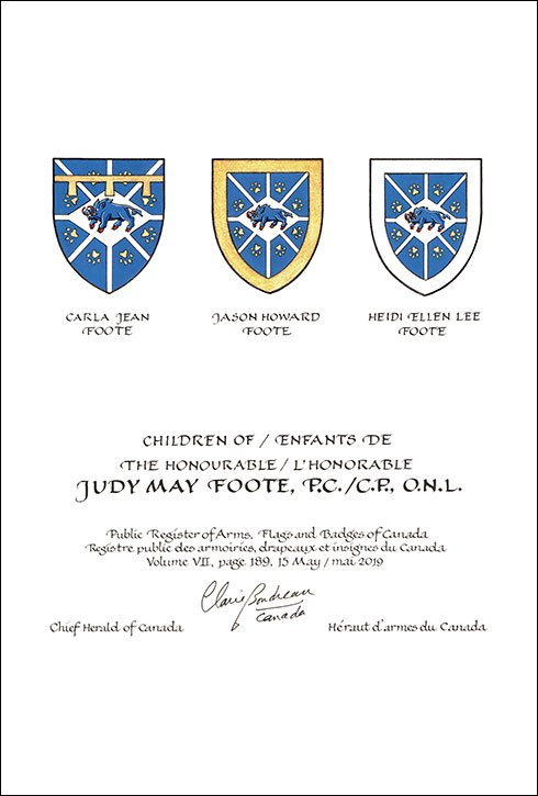 Letters patent granting heraldic emblems to Judy May Foote