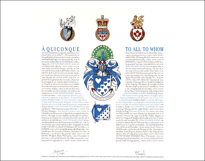 Letters patent granting heraldic emblems to John Edward Gross