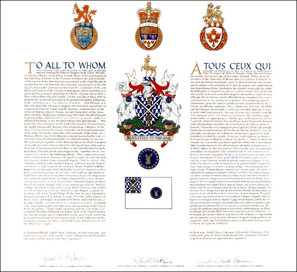 Letters patent granting heraldic emblems to the Corporation of the Township of Minto