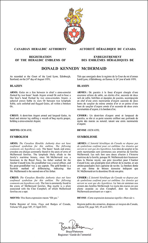 Letters patent registering the heraldic emblems of Donald Kennedy McDermaid