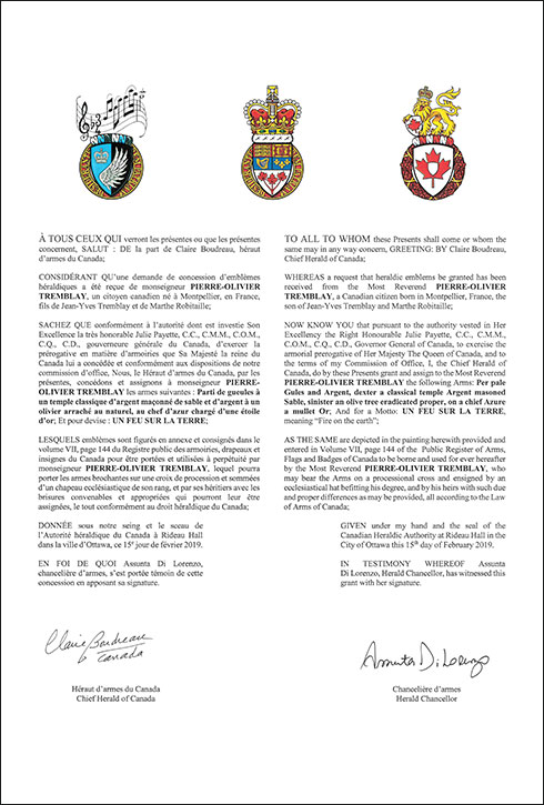 Letters patent granting heraldic emblems to Pierre-Olivier Tremblay