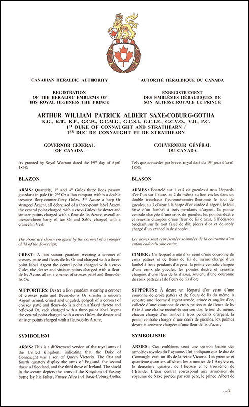 Lettres patentes enregistrant les emblèmes héraldiques du Prince Arthur William Patrick Albert Saxe-Coburg-Gotha