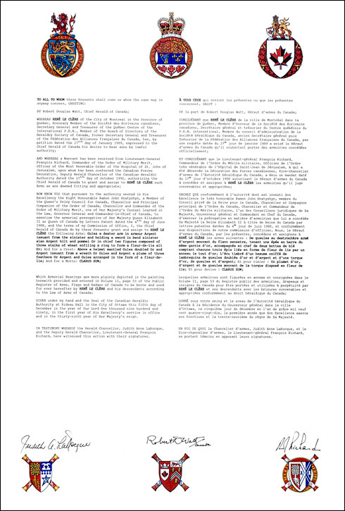 Letters patent granting heraldic emblems to René le Clère