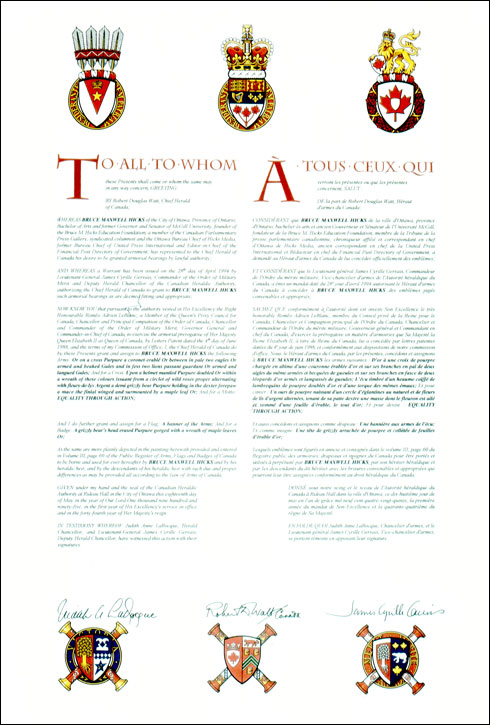 Letters patent granting heraldic emblems to Bruce Maxwell Hicks
