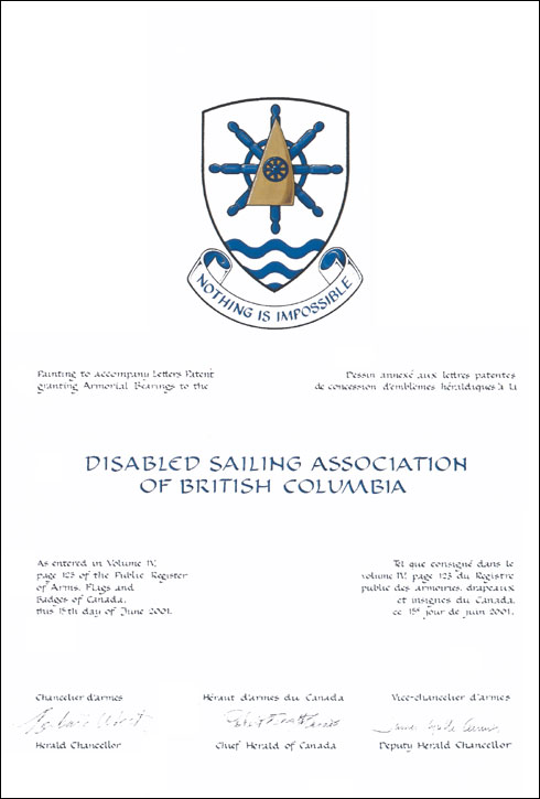 Lettres patentes concédant des emblèmes héraldiques à la Disabled Sailing Association of British Columbia