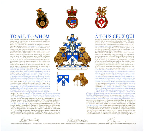 Lettres patentes concédant des emblèmes héraldiques à The Alcuin Society