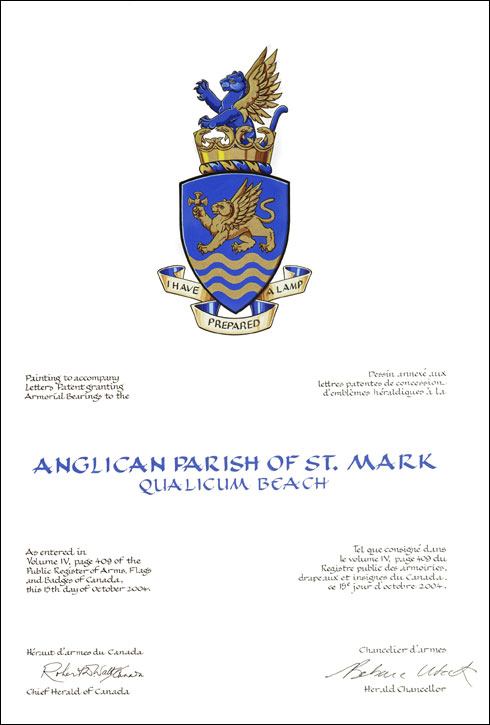 Letters patent granting heraldic emblems to the Anglican Parish of St. Mark, Qualicum Beach