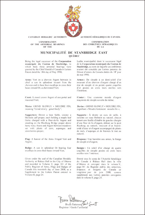 Letters patent confirming the heraldic emblems of the Municipalité de Stanbridge East
