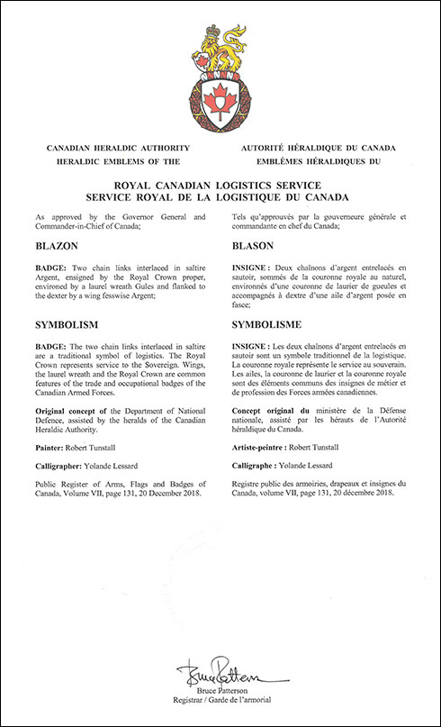 Lettres patentes approuvant les emblèmes héraldiques de l'Officier logistique de l'Aviation royale canadienne