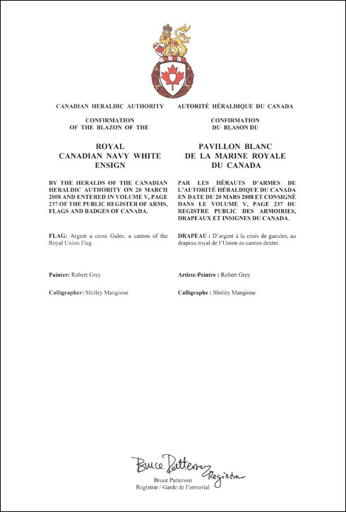 Letters patent confirming the blazon of the Royal Canadian Navy White Ensign