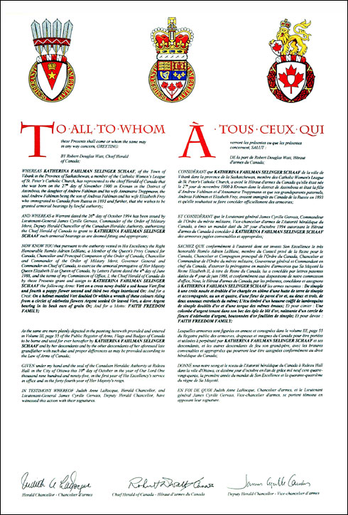 Letters patent granting heraldic emblems to Katherina Fahlman Selinger Schaaf