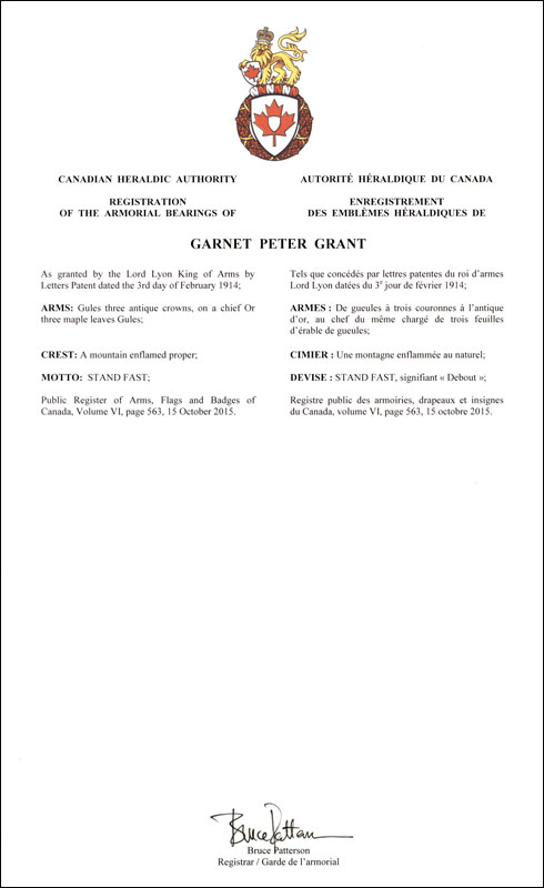 Letters patent registering the heraldic emblems of Garnet Peter Grant