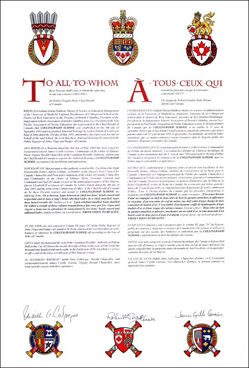 Letters patent registering the heraldic emblems of Collingwood School