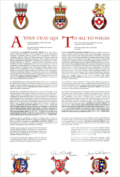 Letters patent granting heraldic emblems to Raymond Augustin Frigon