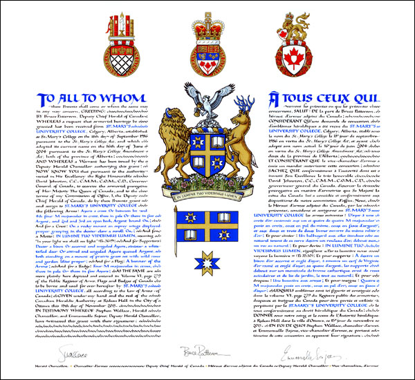 Lettres patentes concédant des emblèmes héraldiques au St. Mary's University College