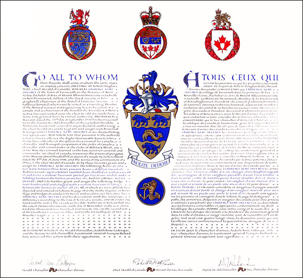 Letters patent granting heraldic emblems to Laurence Kent Sweeney