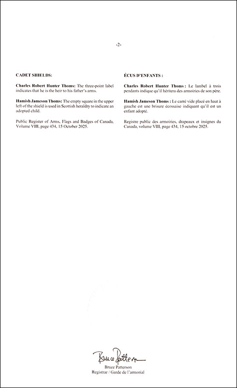 Lettres patentes enregistrant les emblèmes héraldiques de Bernard Hunter Jameson Thoms