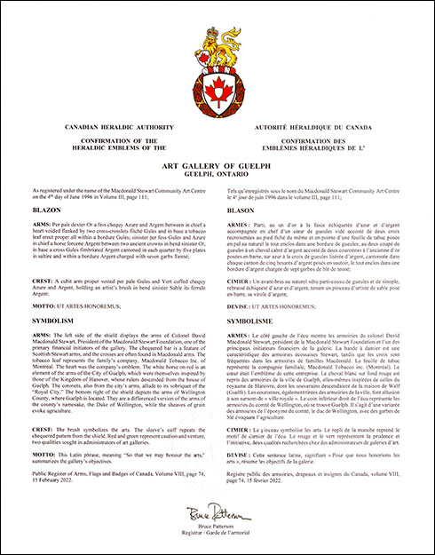Lettres patentes confirmant les emblèmes héraldiques de l'Art Gallery of Guelph
