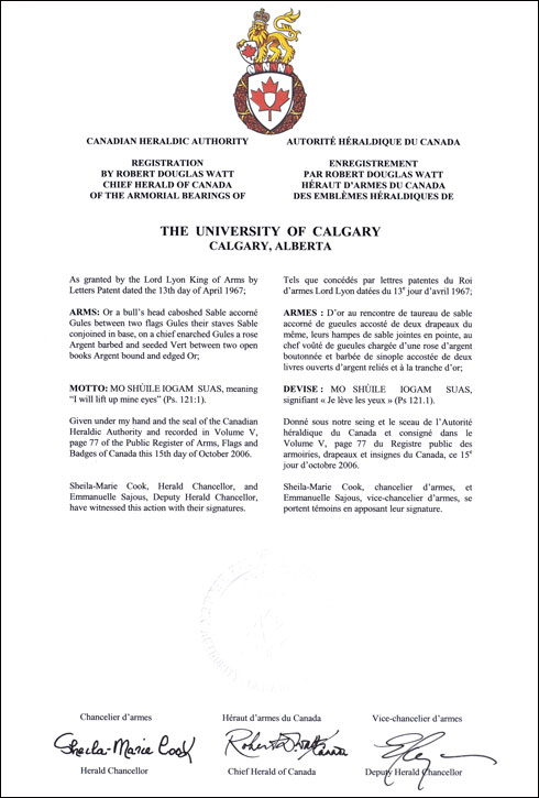 Lettres patentes enregistrant les emblèmes héraldiques de The University of Calgary