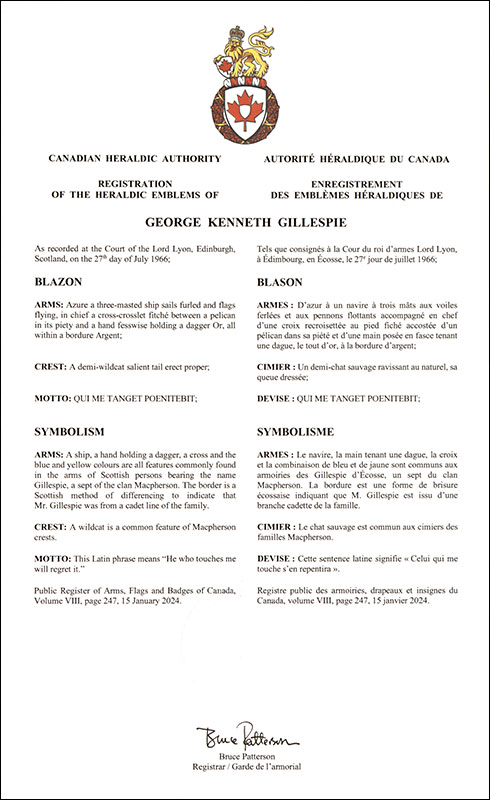 Letters patent registering the heraldic emblems of George Kenneth Gillespie