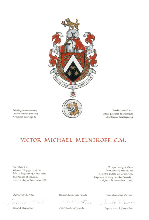 Letters patent granting heraldic emblems to Victor Michael Melnikoff