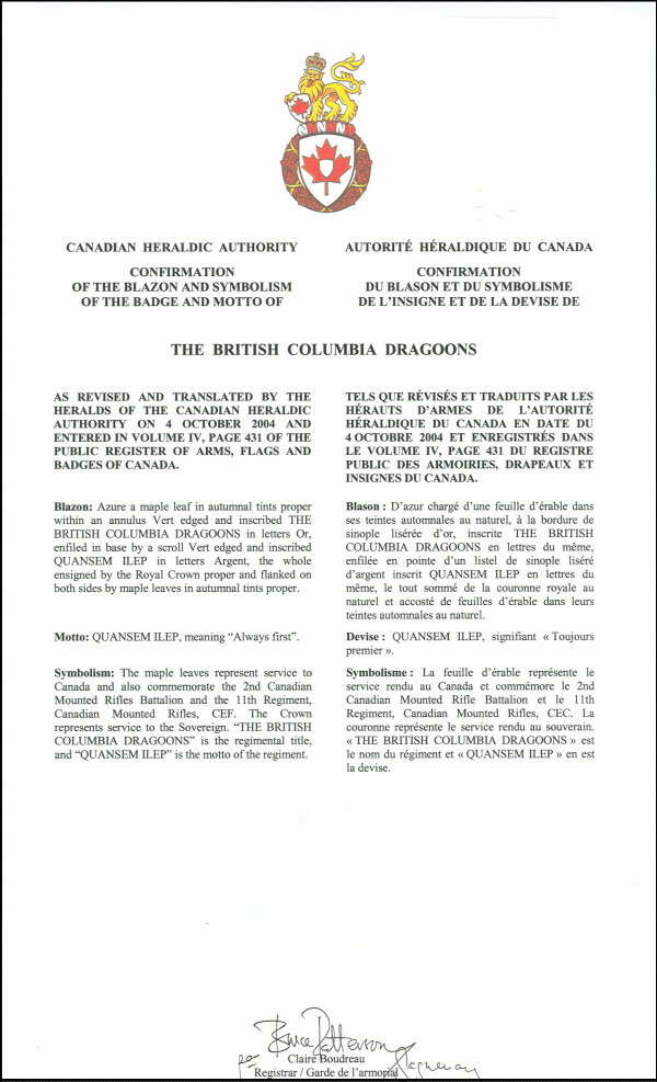 Letters patent confirming the blazon of the Badge of The British Columbia Dragoons