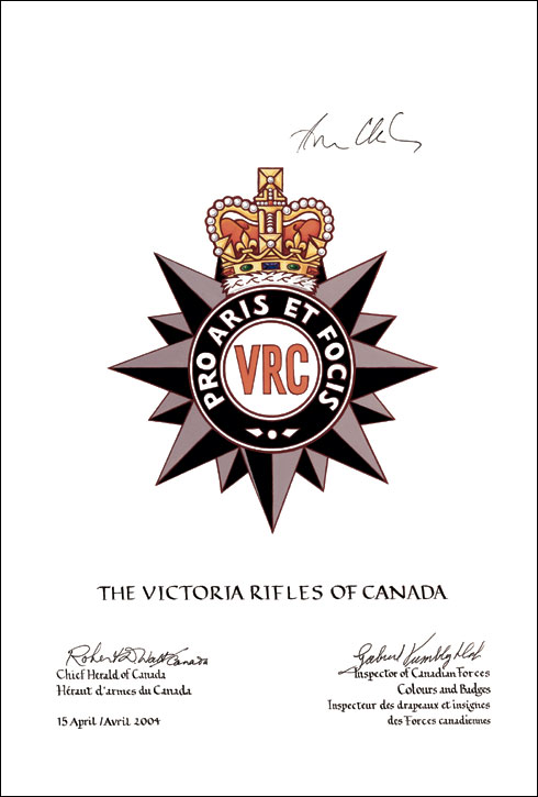 Approval of the Badge of The Victoria Rifles of Canada