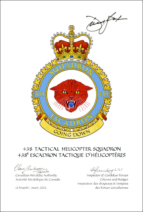 Lettres patentes confirmant le blasonnement de l'insigne du 438e Escadron tactique d’hélicoptères