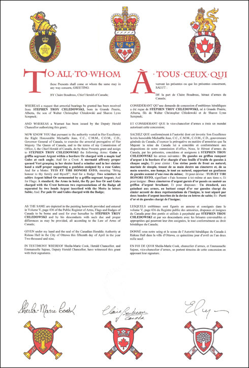 Letters patent granting heraldic emblems to Stephen Troy Chledowski