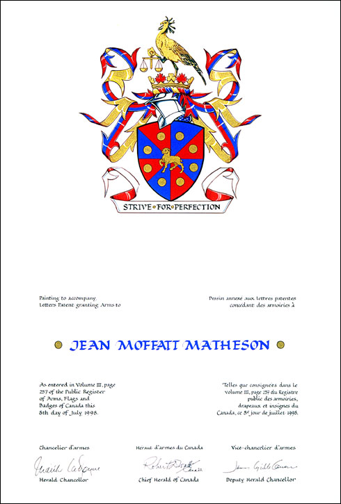 Letters patent granting heraldic emblems to Jean Moffatt Matheson