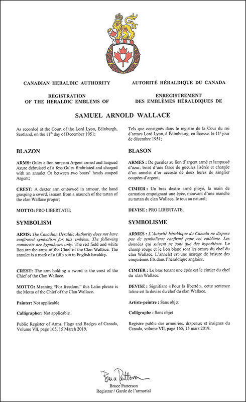 Letters patent registering the heraldic emblems of Samuel Arnold Wallace