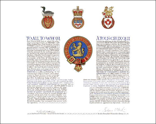 Letters patent granting heraldic emblems to the Rector of Queen's University at Kingston