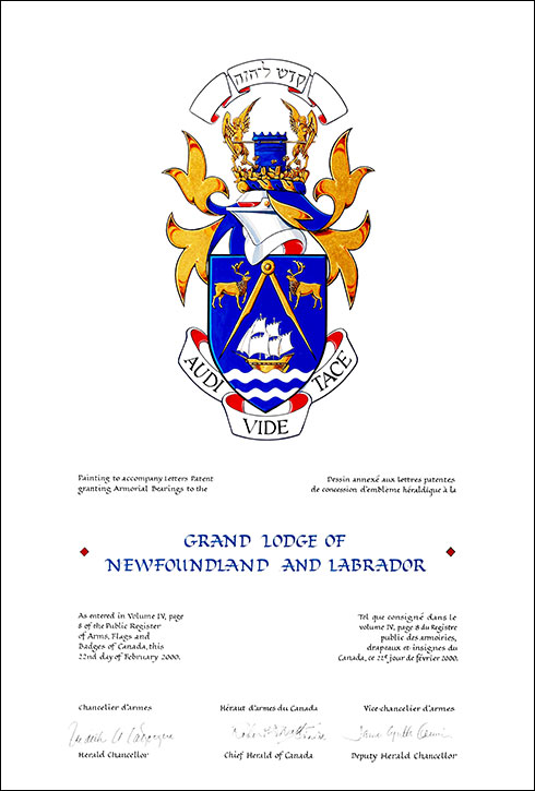 Lettres patentes concédant des emblèmes héraldiques à la Grand Lodge of Newfoundland and Labrador