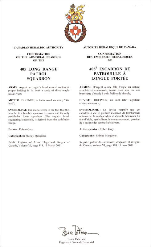 Lettres patentes confirmant l'insigne du 405e Escadron de patrouille à longue portée