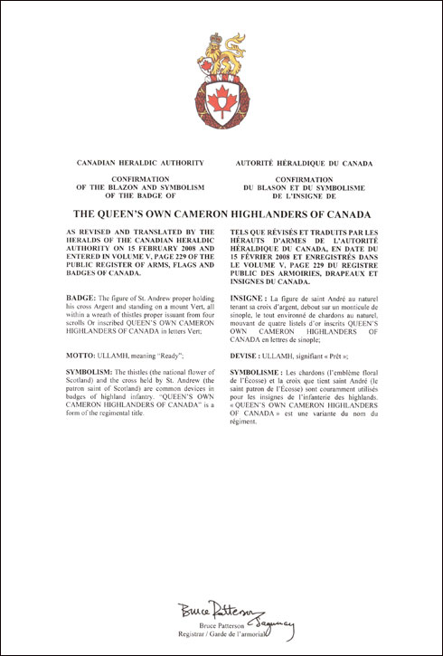 Lettres patentes confirmant le blasonnement de l'insigne de The Queen’s Own Cameron Highlanders of Canada