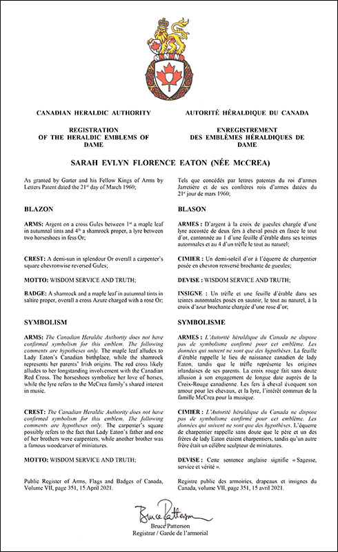 Letters patent registering the heraldic emblems of Sarah Evlyn Florence Eaton (née McCrae)
