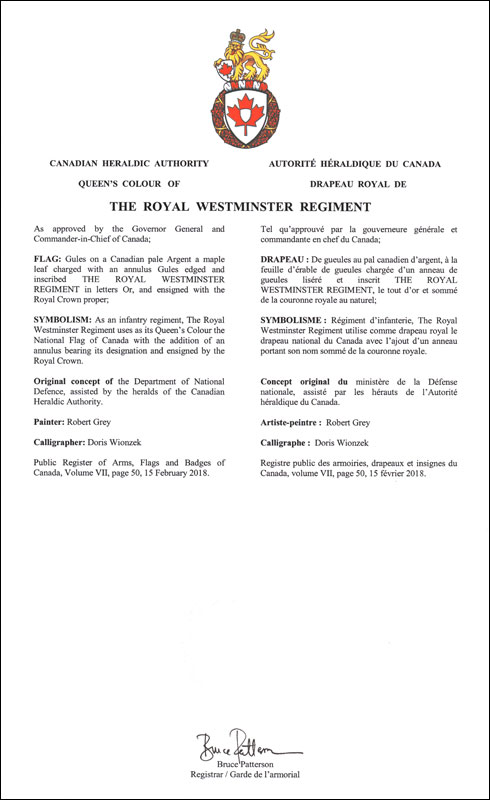 Letters patent approving the heraldic emblems of The Royal Westminster Regiment
