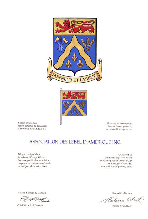 Letters patent granting heraldic emblems to the Association des LEBEL d'Amérique inc.