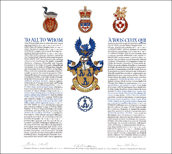 Letters patent granting heraldic emblems to Marvin George Ryder