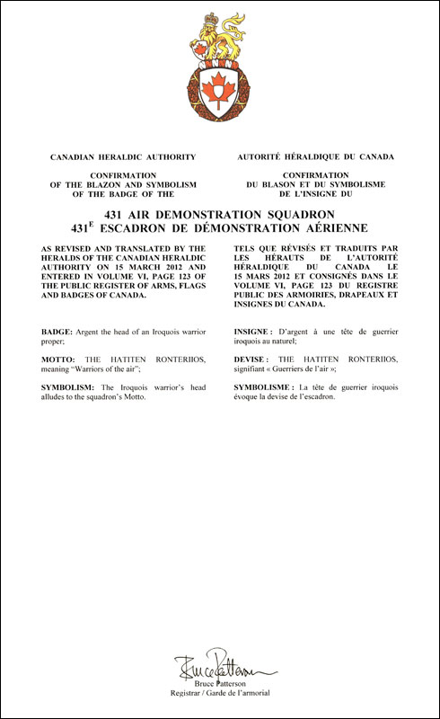 Letters patent confirming the blazon of the Badge of the 431 Air Demonstration Squadron