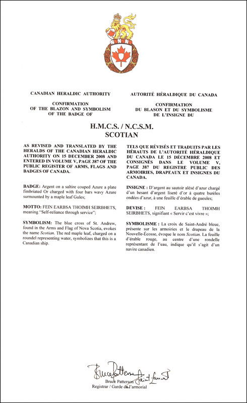 Lettres patentes confirmant le blasonnement de l'insigne du NCSM Scotian