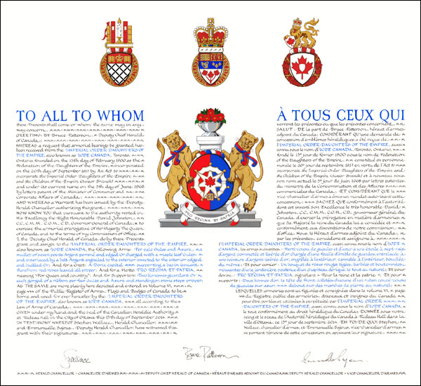 Letters patent granting heraldic emblems to the Imperial Order Daughters of the Empire (also known as IODE Canada)