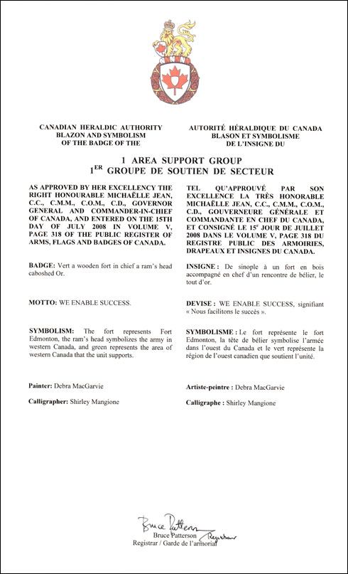 Letters patent approving the Badge of 1 Area Support Group