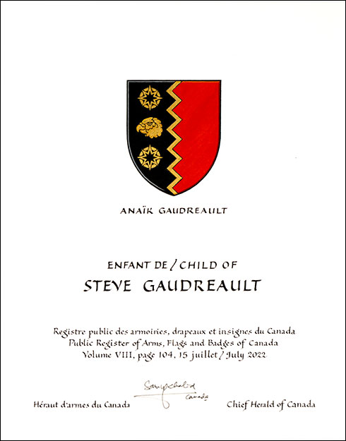 Letters patent granting heraldic emblems to Steve Gaudreault