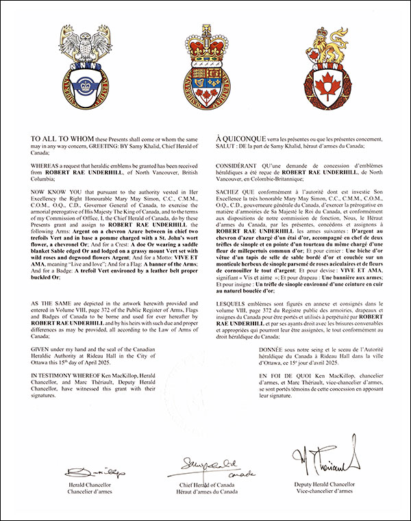 Lettres patentes concédant des emblèmes héraldiques à Robert Rae Underhill