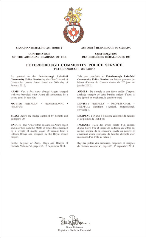 Letters patent confirming the heraldic emblems of the Peterborough Community Police Service