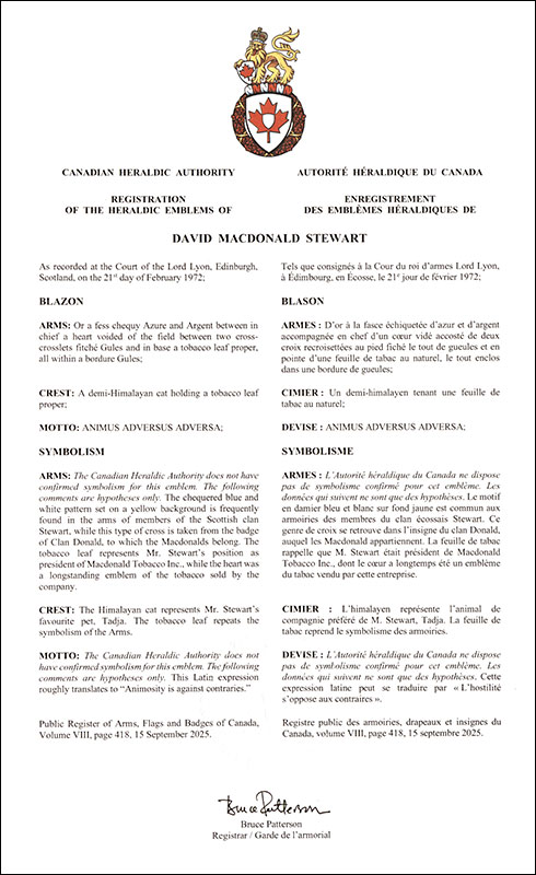 Lettres patentes enregistrant les emblèmes héraldiques de David Macdonald Stewart